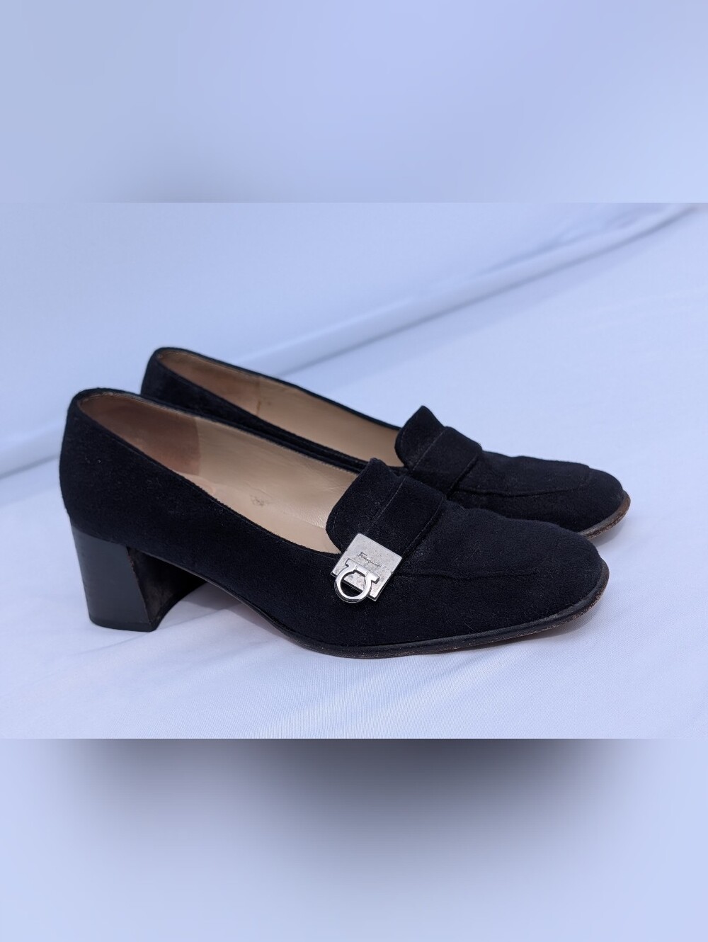Vintage Salvador Ferragamo Black Suede Slip On 2 Inch Heels